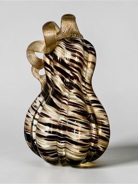 Hand Blown Gourd w/Coiled Stem. Brown Metallic Glitter Stripes Glass Art Decor